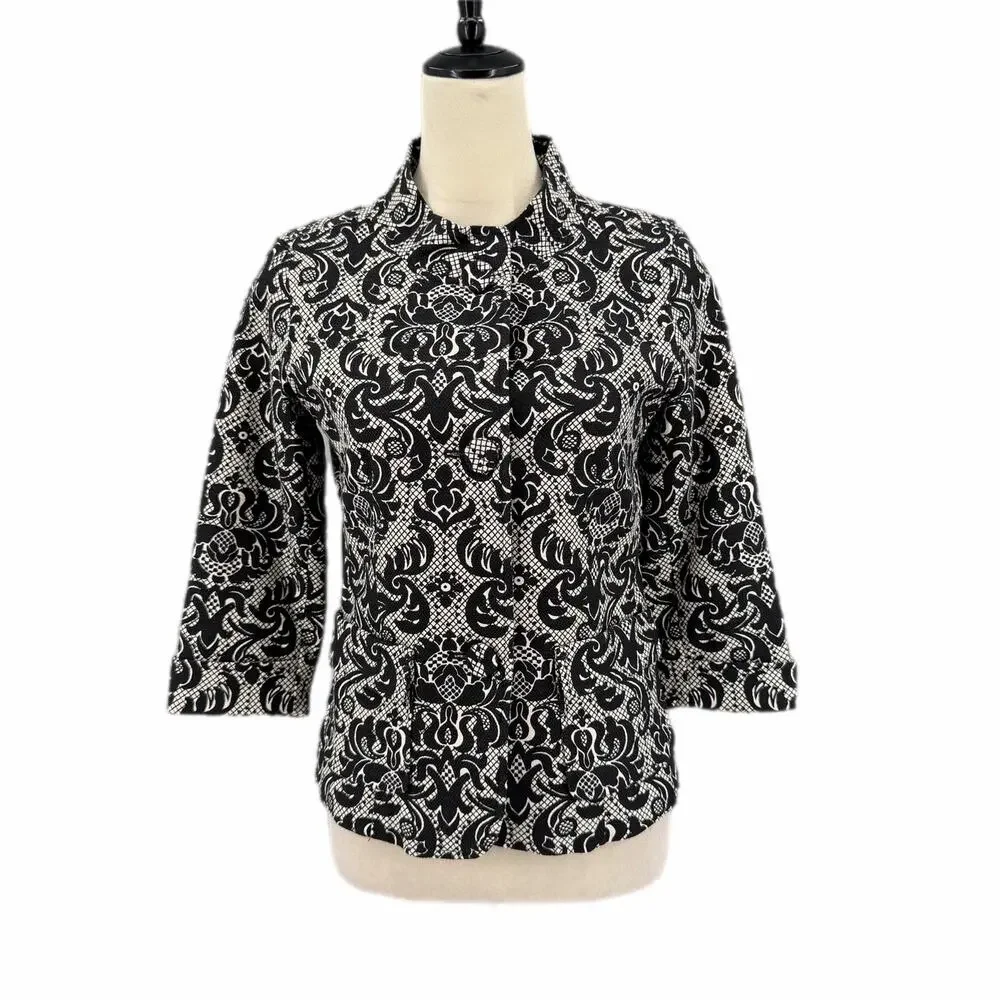 Talbots NEW Petite Black White Cotton Damask Blazer Professional Work Jacket